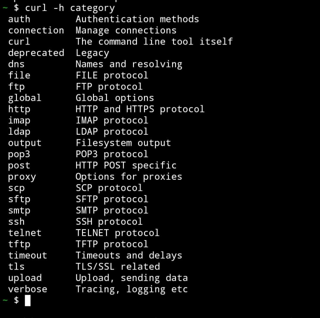 a terminal screenshot showing the curl help categories when invoked with command-line flag '-h'