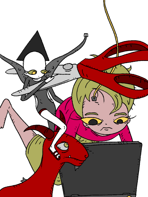Floating person on their laptop accompanied by a goat with gigantic scissors about to decapitate a cyber angel.