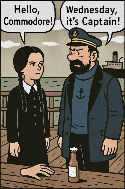 A pier, drawn in ligne claire comic style. Wednesday Addams meets Captain Haddock. She says: "Hello, Commodore!" He responds "Wednesday, it's Captain!" inverting the typical "Captain, it's Wednesday!" What-a-week-meme featuring Tintin.

At the bottom of the image, Thing the Hand creeps to a bottle of beer.