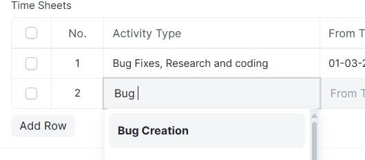 Screenshot of a Time Sheet input screen with the 
№ 1 – Activity Type: Bug Fixes, Research and coding
№ 2 – Bug (with Bug Creation as the autocomplete suggestion)