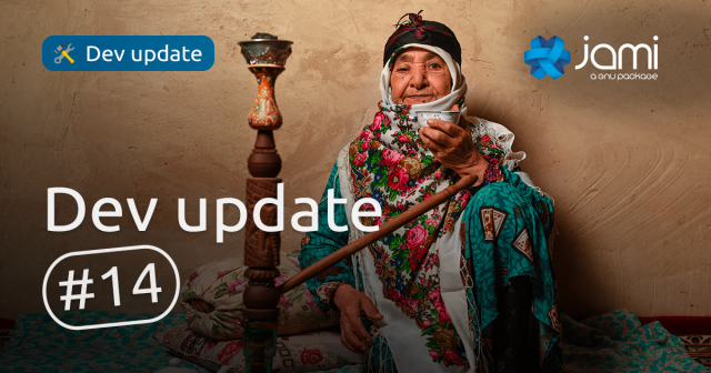 An elderly woman wearing a colorful traditional outfit and headscarf sits on a patterned mat, holding a small tea cup and smiling warmly. In front of her is a tall, ornate hookah. On the image, the text reads: "Dev update #14" with the Jami logo and "a GNU package" in the top right corner.