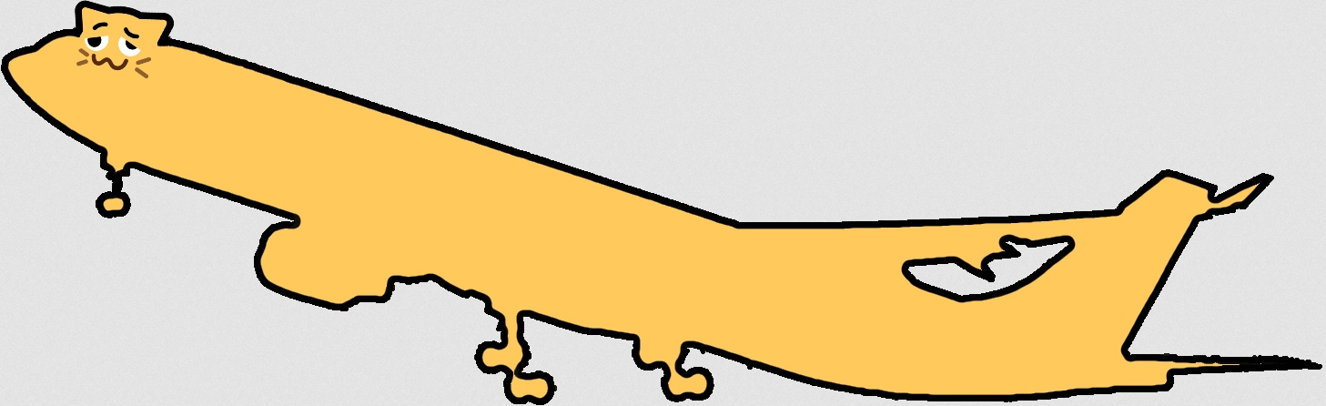 A woozy neocat emoji, but instead of the regular lower body there's the silhouette of an entire airplane.