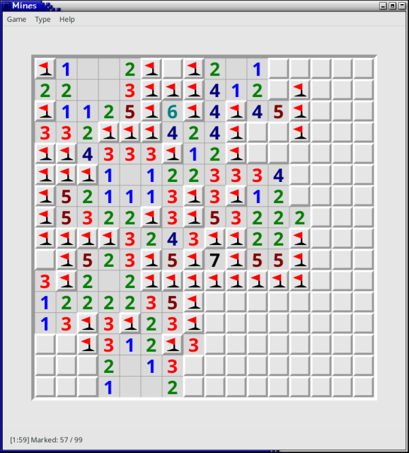 A partly completed game of "Mines" from my puzzle collection, i.e. an implementation of Minesweeper. The density of mines is significantly higher than in the typical Windows implementation, leading to a lot of clues with high numbers (4,5,6,7). In spite of that, the game has been solved up to this point without any mistakes, or needing to guess at any square.

This specific game can be recovered by pasting the following game id into Mines:
16x16:3,1,m2e563fafaadcac746fb6844b1d2dc16261d2c5f67909421f189d7fa832901d92