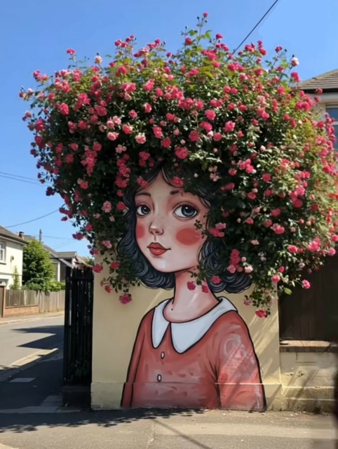 Ein riesiger Rosenbusch einer Kletterrose rankt über eine Mauer die eine Wandmalerei eines Mädchens im roten Kleid mit weißen Kragen aufweist, dessen Haare eben aus diesem Rosenbusch bestehen.