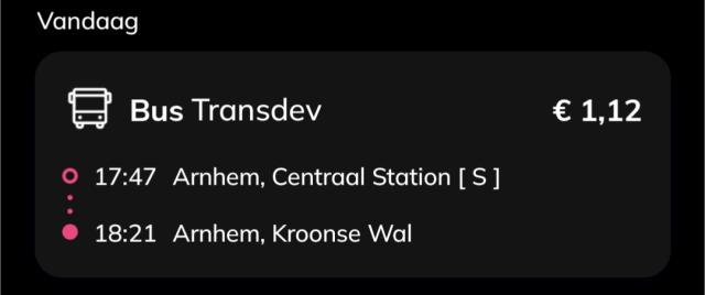 A screenshot of a bus transaction overview showing a journey from Arnhem, Centraal Station to Arnhem Kroonse Wal for €1,12