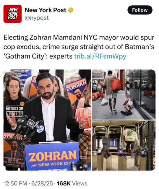 Headline: Electing Zohran Mamdani NYC mayor would spur cop exodus, crime surge straight out of Batman’s ‘Gotham City’: experts.