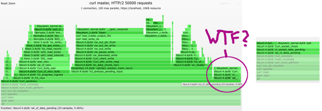 A flame graph on a curl performance dtrace showing unexpected amount of time wasted on something that is unnecessary.