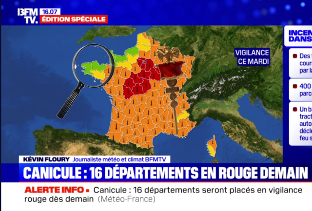 Carte de France indiquant toutes les régions en orange ou rouge du fait de la canicule, excepté la Bretagne qui est en vert. Sont repris pour faire un clin d'oeil à la page d'accueil de la BD Astérix une loupe qui entoure la Bretagne et un étendard Romain, planté au centre de la France.