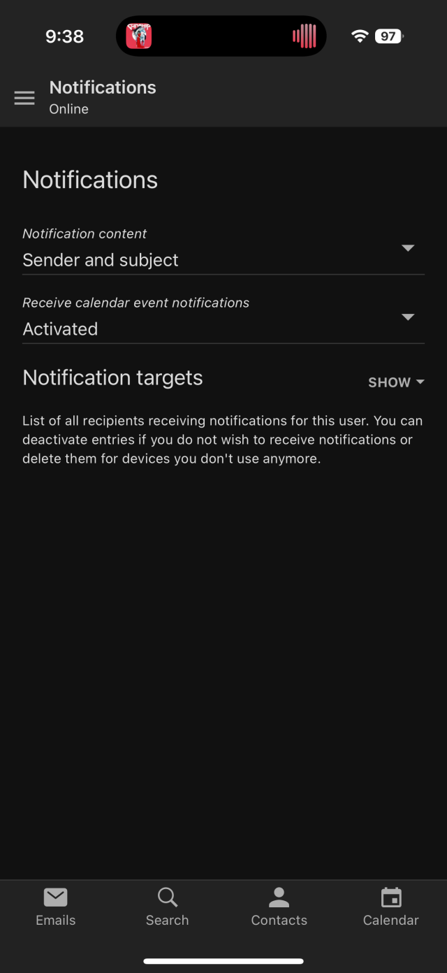 Tuta app screenshot showing sender and subject enabled for notifications