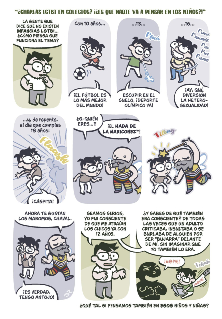 Página de comic, comienza con este texto en cabecera:

"¿Charlas LGTBI en colegios? ¡¿Es que nadie va a pensar en los niños?!"

Primera viñeta. Un adulto pensativo dice: "La gente que dice que no existen infancias LGTBI... ¿Cómo piensa que funciona el tema?"
Segunda viñeta. Un niño de 10 años jugando a fútbol dice: "¡El fútbol es lo más mejor del mundo!"
Tercera viñeta. Un niño de 13 años escupiendo dice: "Escupir en el suelo, ¡deporte olímpico ya!"
Cuarta viñeta. Un chaval de 16 años hace pedorretas con el sobaco y dice: "¡Ay qué diversión la heterosexualidad!"
Quinta viñeta. Y de repente, el día que cumples 18 años, una nube brillante aparece a su lado. El chico dice "¡Cáspita!"
Sexta viñeta. Aparece un hombre que lleva una varita con una estrella, alas de hada y un traje con la bandera LGTBI.
El chaval pregunta perplejo quién es, a lo que le responde "¡El hada de la mariconez!"
Séptima viñeta. El hada toca con su varita la cabeza del chico.
Octava viñeta. El hada dice "ahora te gustan los maromos, chaval". El chico dice "¡Es verdad, tengo antojo!" con cara perpleja.
Novena viñeta: Volvemos con el hombre adulto, dice: "seamos serios, yo fui consciente de que me atraían los chicos ya con doce años".
Última viñeta. Continúa el hombre adulto: "¿Y sabes de qué también era consciente? De todas las veces que un adulto criticaba insultaba o se burlaba de alguien por ser bujarra delante de mí sin imaginar que yo también lo era".
"¿Qué tal si pensamos también en esos niños y niñas?"
