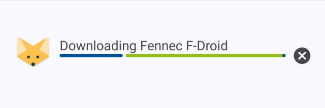 Screenshot of F-Droid Client showing an update being downloaded for Fennec. The progress bar is coloured in blue for the downloaded part, green for the yet to be downloaded part and then again blue for what I learned to be called a stop indicator in the material 3 spec.
