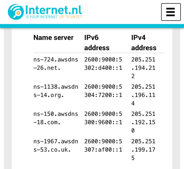Screenshot of nameserver domains and IP addresses of Amazon nameservers used by tuta.com