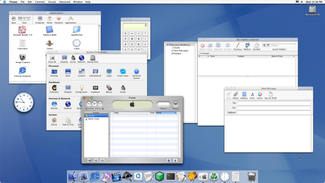 Mac OS X v10.1 at 1920x1080 with iTunes, System Preferences, Mail, Finder, Calculator onscreen. Blue background, Project Builder and Interface Builder in the Dock