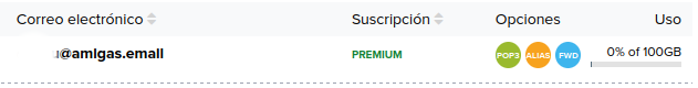 Captura de pantalla de un buzón de correo con 100 GB de espacio.