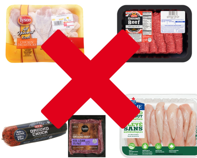 prepackaged beef, chicken, etc in plastic or on the styrofoam trays 
