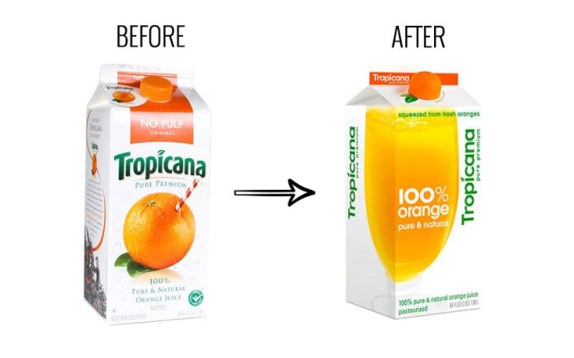 an image showing the before and after redesign of the tropicana orange juice carton, a classic that was brutally redesigned under the guise of a clean new refreshed look and which absolutely tanked sales as a result