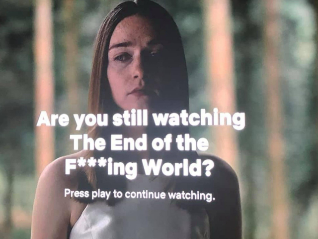 Photo of Netflix asking "Are you still watching The End of the F***ing World? Press play to continue watching."