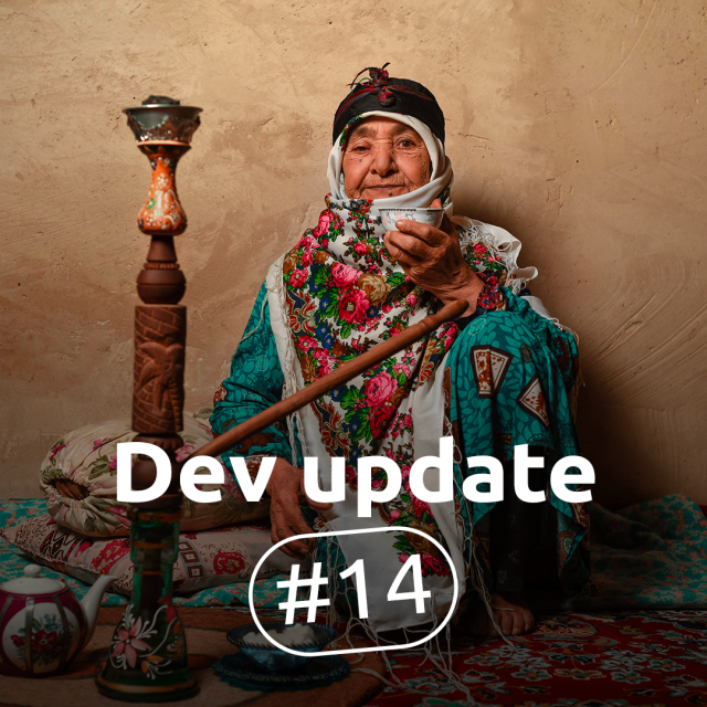 An elderly woman wearing a colorful traditional outfit and headscarf sits on a patterned mat, holding a small tea cup and smiling warmly. In front of her is a tall, ornate hookah. On the image, the text reads: "Dev update #14".