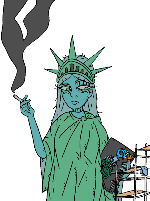 Statue of Liberty is having a smoke, while a person on scaffolding is gluing openai, google gemini, deepseek stickers onto her laptop