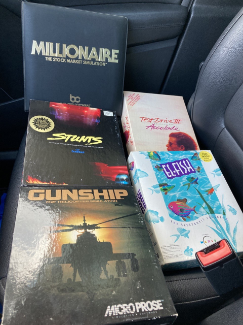 PC DOS games from the late 80s and early 90s. Millionaire (blue chip software), Test Drive III (Accolade), Stunts (Broderbund), El-Fish (Maxis), Gunship (Microprose). 