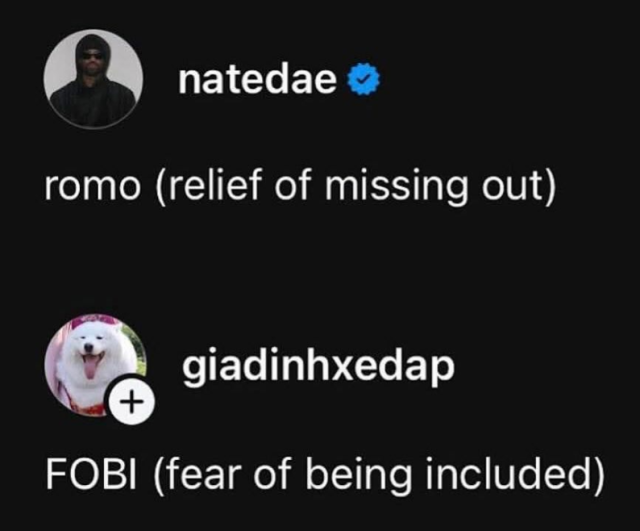 A screenshot of two threads posts by natedae and giadinhxedap saying “romo (relief of missing out)” and “fobi (fear of being included)”