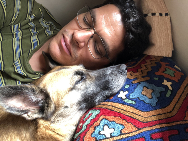 Estamos Gaia, mi perrita de color miel y hocico negro, y yo, compartiendo la misma almohada con patrones de colores. Ambos tenemos los ojos cerrados, a punto de dormirnos.