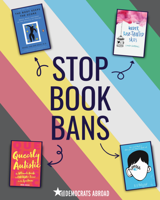 A graphic with pastel rainbow stripes from upper left to lower right. In the center are the words “stop book bans” in large black letters. Curly black arrows point to images of book covers in each of the four corners. At the bottom is the DA logo. 