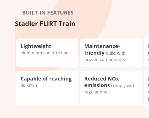 screenshot from the OC Transpo website, showing the built-in features of Stadler FLIRT:
- lightweight aluminium construction
- maintenance-friendly build with proven components
- capable of reaching 80km/h
- reduced NOx emissions comply with regulations