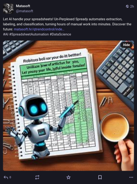 Apple-mac style robot points at filo-fax spreadsheet which bleeds into coffee-cup.  Bits of metal lie scattered. On the outer  edge, bizarre keyboards that make me wonder what monstrosity presses those buttons.

https://mstdn.business/@matasoft/114813060402434649