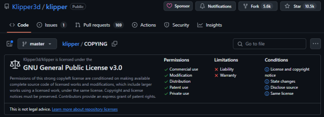 Snímek z GitHub repozitáře Klipper. Repozitář je jasně označený GNU GPL v3.0
