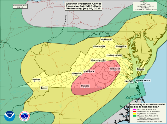 A moderate risk (3/4) is posted for much of interior Virginia and extreme northern North Carolina for Wednesday. (NOAA WPC)