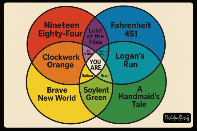 Venn Diagram with four main circles: Nineteen Eighty-Four, Fahrenheit 451, Brave New World, A Handmaid's Tale.
Nineteen Eighty-Four + Fahrenheit 451 = Lord of the Flies
Fahrenheit 451 + A Handmaid's Tale = Logan's Run
Nineteen Eighty-Four + Brave New World = Clockwork Orange
Brave New World + A Handmaid's Tale = Soylent Green
Lord of the Flies + Logan's Run = Animal Farm
Logan's Run + Soylent Green = Brazil
Soylent Green + Clockwork Orange = Gattaca
Clockwork Orange + Lord of the Flies = The Matrix
In the very center = "YOU ARE"