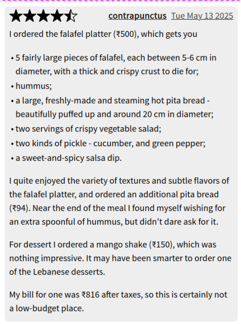 A review of a restaurant by contrapunctus. The paragraphs are neatly separated and a list of bullet points is shown, which is a new technical improvement.
