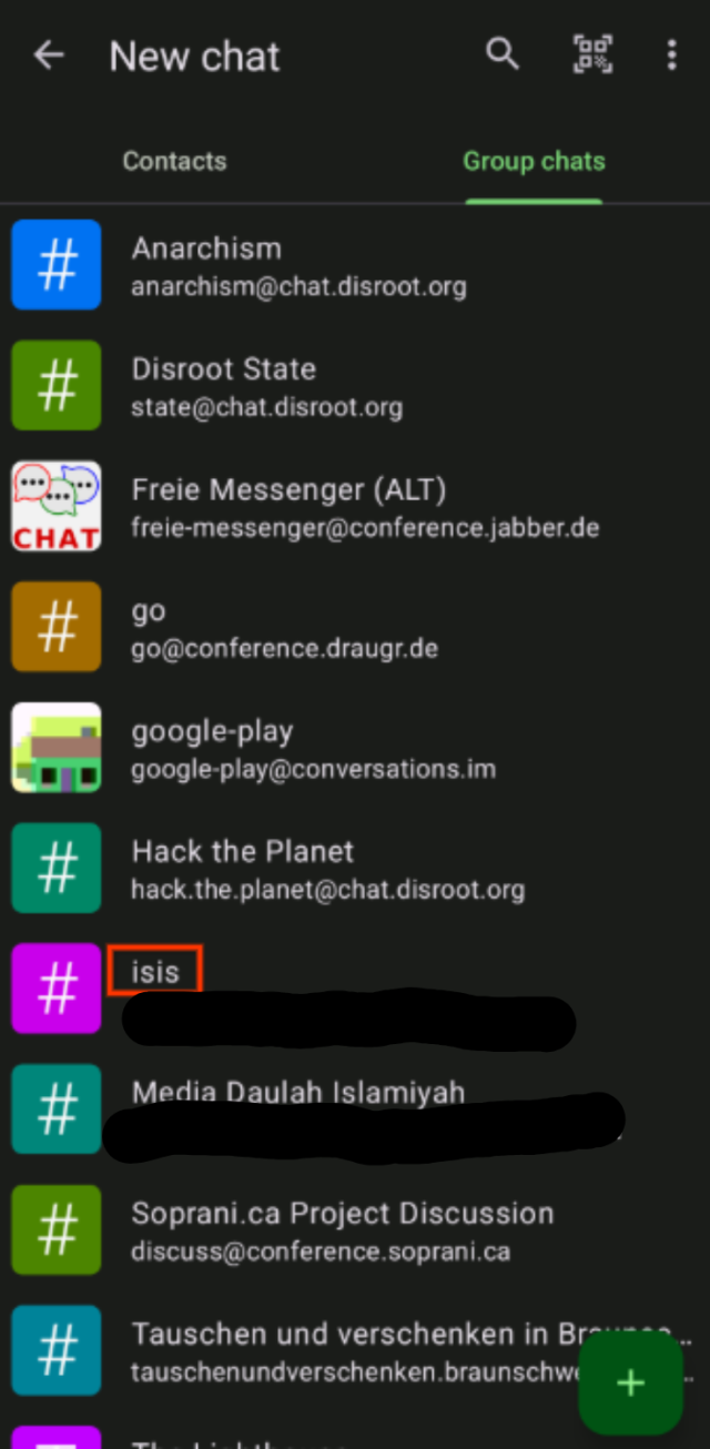 A screenshot of the 'group chats' tab in Conversations sent to me by the review team. A channel called 'isis' was highlighted in red by the review team. The actual address was made invisible by me. 