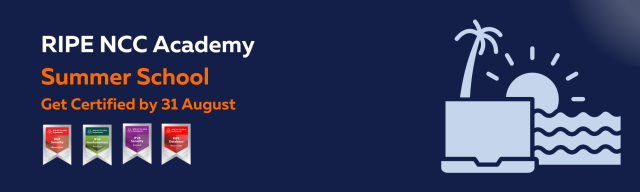 A banner for “RIPE NCC Academy Summer School – Get Certified by 31 August” on a dark blue background. The left side shows the campaign title and four certification badges: BGP Security Associate, IPv6 Fundamentals Analyst, IPv6 Security Expert, and RIPE Database Associate. The right side features a stylised illustration of a laptop on a beach with a palm tree, waves, and a sun setting in the background.