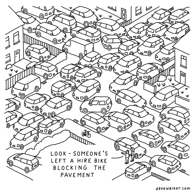 Cartoon showing street scene with lots of cars, some of which are on or blocking pavements. One bike is also parked on a pavement. A couple are saying ‘Look - someone’s left a hire bike on the pavement’. 