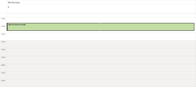 A scheduled event is highlighted in a light green color in a screenshot of a calendar interface, labeled with the text "Wax & remove hands."
