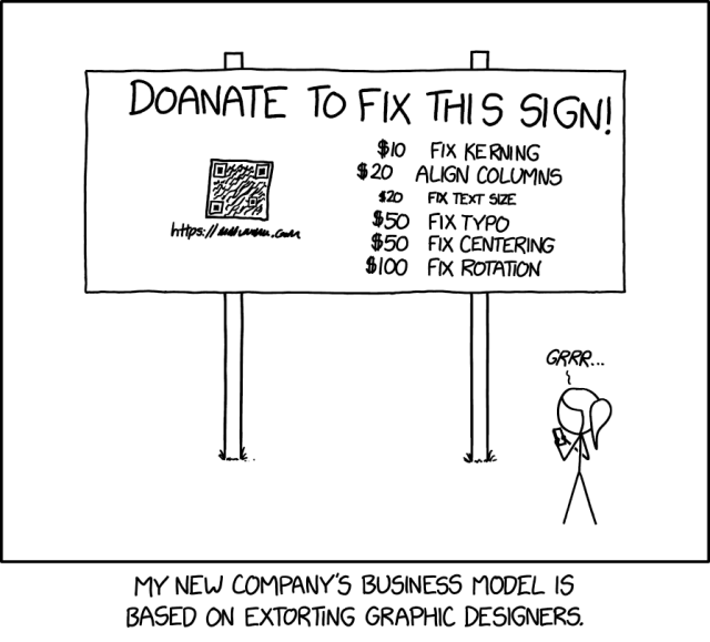 The comic shows a large, poorly designed sign with several visual issues. The sign reads: "Doanate to fix this sign!". Everything on the sign is slightly rotated clockwise, all text has bad kerning and is generally misaligned.

Below that is a QR code and an unreadable URL.
To the right, there is a price list:

    $10 Fix kerning
    $20 Align columns
    $20 Fix text size (this line is written in smaller text)
    $50 Fix typo
    $50 Fix centering
    $100 Fix rotation

A stick figure standing in front of the sign, looking frustrated and holding a phone, says: "Grrr..." - Caption below the panel: "My new company's business model is based on extorting graphic designers."

Hidden text: "We're building on our earlier success getting web developers to pay to change the backslashes in our displayed payment URL to forward slashes."