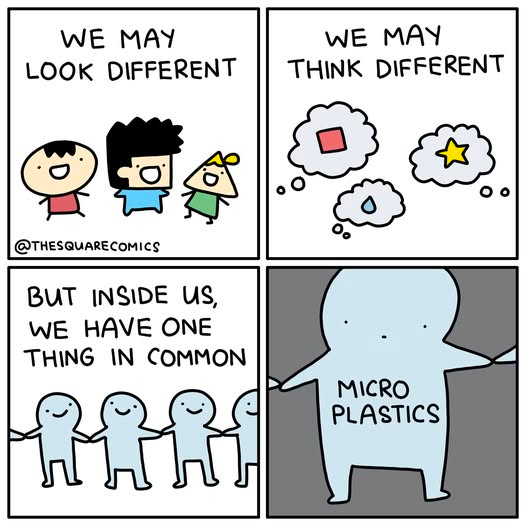 This four-panel comic uses simple cartoon illustrations to convey a powerful message about shared humanity.

**Panel 1:** Shows three distinct cartoon figures – a boy with blue hair and glasses, a pink-haired boy, and a green-haired boy – all smiling. The text above reads “WE MAY LOOK DIFFERENT.”

**Panel 2:** This panel features three thought bubbles above the characters. One has a square shape, another a raindrop, and the third a star.  The text says "WE MAY THINK DIFFERENT."

**Panel 3:** Three figures are holding hands in a circle, all smiling. The words “BUT INSIDE US, WE HAVE ONE THING IN COMMON” appear below them.

**Panel 4:** Finally, there’s a small, simple cartoon figure – a pale blue blob – with the words "MICRO PLASTICS" written across its body. This represents a shared environmental concern. 

The comic uses visual differences to highlight that despite outward appearances and thoughts, everyone shares a fundamental connection, symbolized by the common threat of microplastics.