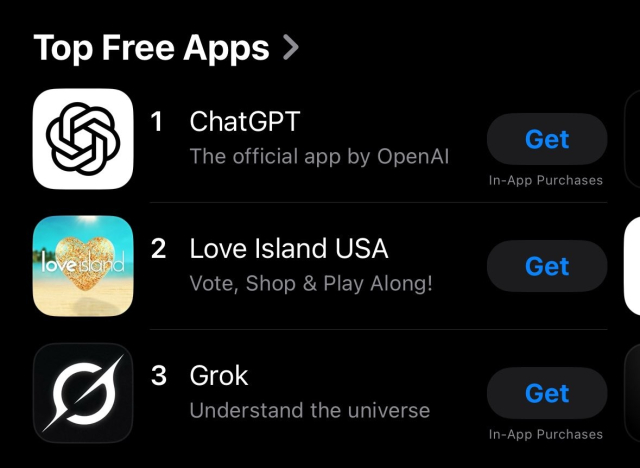 App Store Charts showing ChatGPT, Love Island and Grok