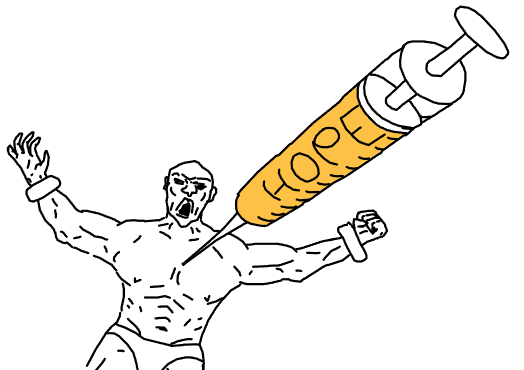 A man is tied down with his chest bare. A giant syringe with yellow fluid labeled "HOPE" is above him, pointed towards the center of his chest.