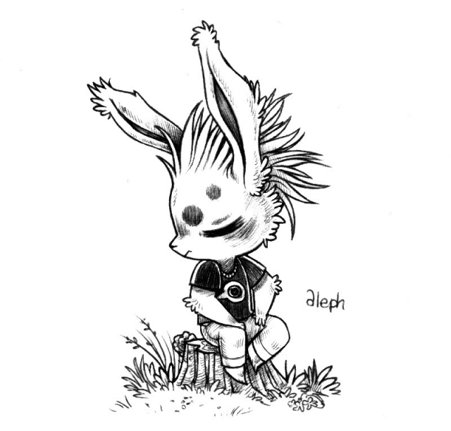 A humanoid rabbit named Aleph sitting on a tree stump, hands on their thigh, looking to the side with eyes closed as if in deep thought. Aleph has mohawk-like hairdo, wth long ears and 2 black spots over their eyes. They are wearing a black t-shirt with a white bird head on it.