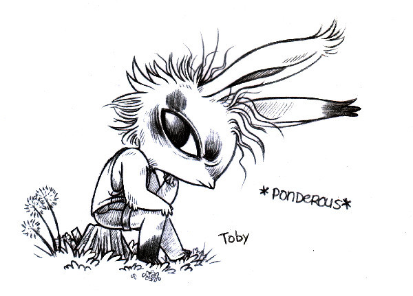 A disshevelled rabbit with long tufted ears named Toby is sitting on a cut log, head leaning on their fist. Toby looks a bit annoyed, but also somewhat ponderous. Their fur has occasional blotches of black.