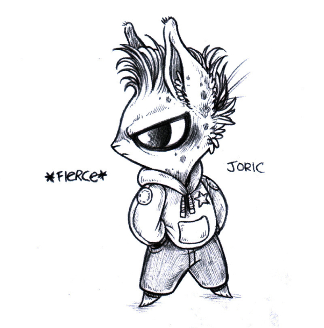 A drawing of a short anthropomorphic rabbit named Joric. Joric has a short mohawk like hairdo, is wearing a sweater with patches on the shoulders and chest, and baggy pants. Joric is frowning, looking away from you. The word "*fierce*" is written next to them.