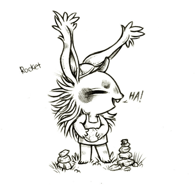 a drawing of a young humanoid rabbit named Rocket. Rocket is wearing a cap, a dress, their hair is long and wild, they are ginning while holding a rock, saying, "HA!"
2 stacks of rocks are laying near them.