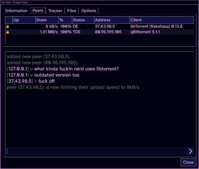 Conceptual UI of a chatroom-like panel below a list of peers