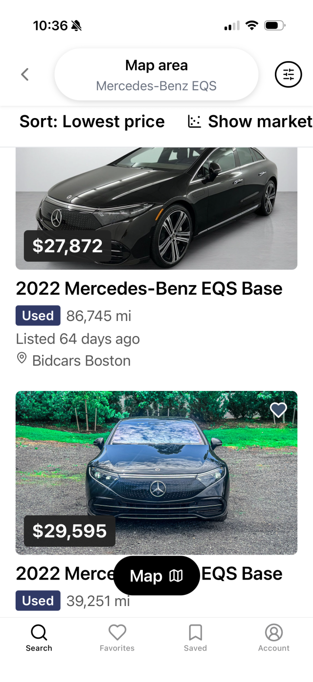 Used Mercedes EQS cars for sale down to $27k