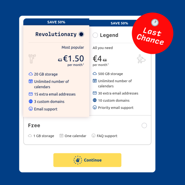 Screenshot taken from Tuta.com of the plan selector displaying the 50% off Tuta Mail plans. 