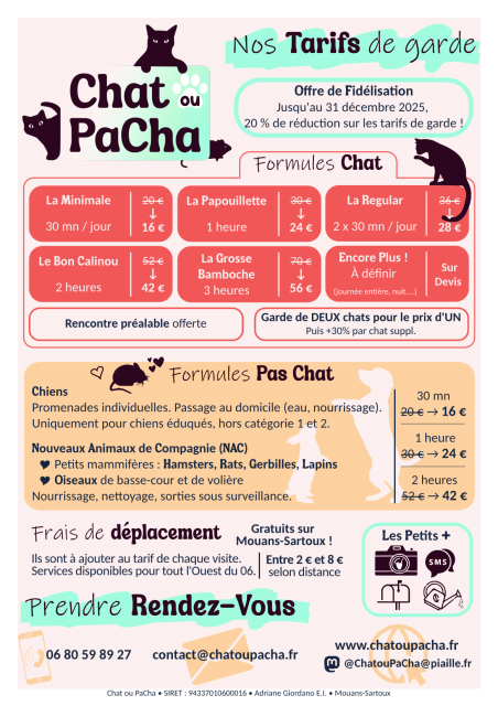 Verso du flyer Chat ou PaCha présentant les formules et tarifs