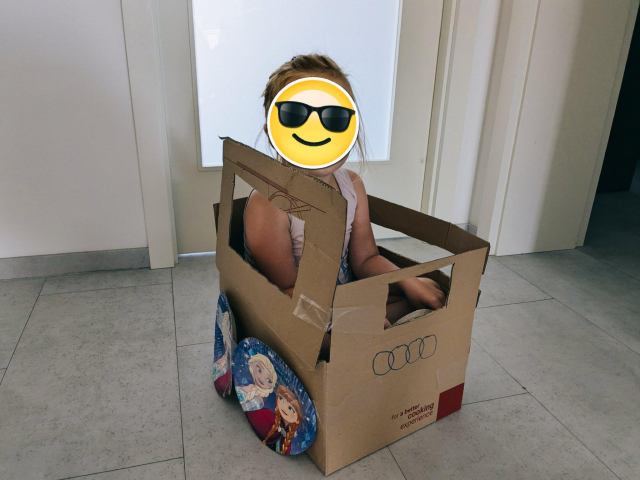 A kid sitting in a car made of a paper box. It as 4 circles like Audi in front and paper plates with Elsa and Anna of Frozen as wheels.